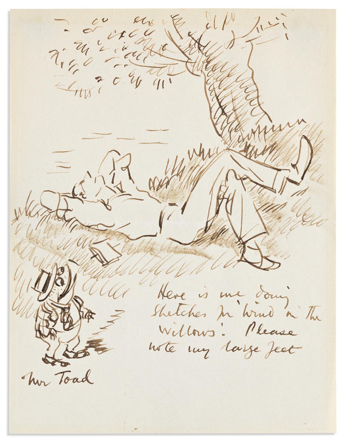 SHEPHERD, ERNEST HOWARD. Ink drawing, unsigned, sketched self-portrait showing him reclining under a tree beside Mr. Toad.